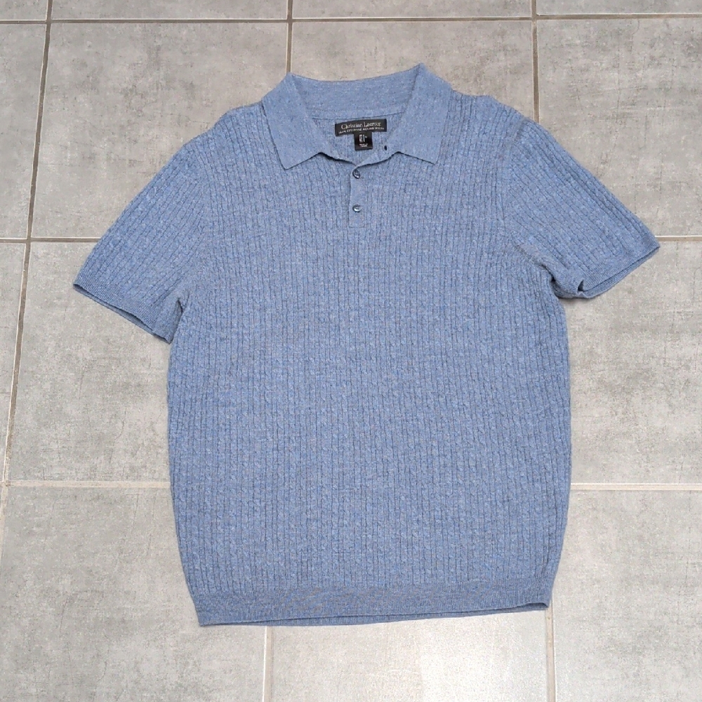 Cable Knit Blue Polo 100% Extrafine Merino Wool Shirt